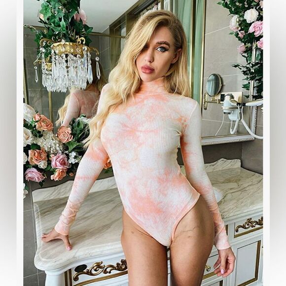 Queen.M Basic Bodysuit Tie Dye Turtleneck Leotard Long Sleeve - Picture 9 of 11